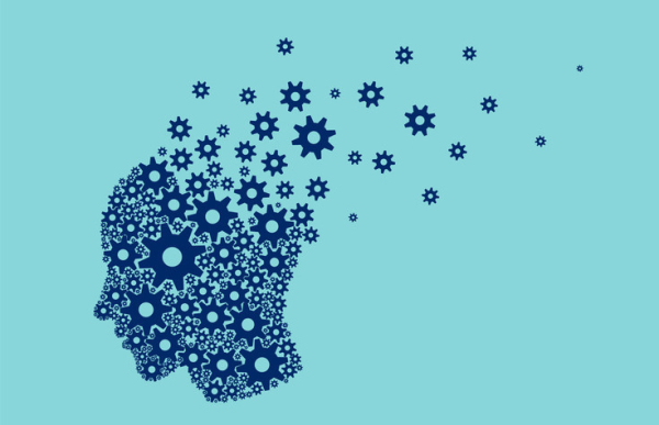 A light blue background with a side view of human head illustrated in dark blue gears, some flying away at the back of the brain; concept is young-onset dementia 